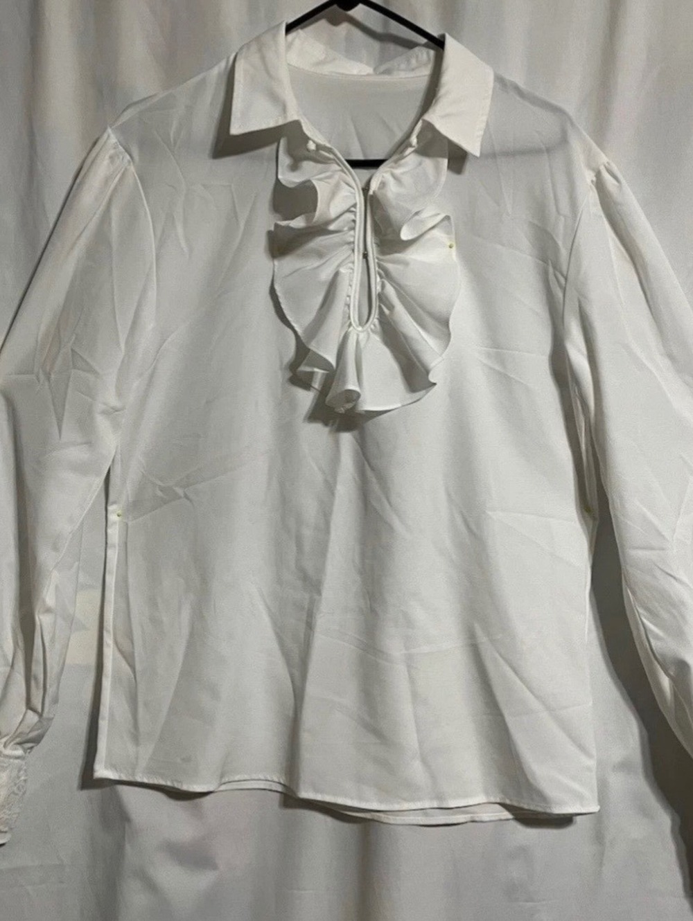 Women's LL-978 White Ruffle Front Long Sleeve Blouse with Lace Cuffs, Size Small